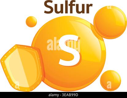 Glossy yellow sulfur vitamin molecule with shield icon and floating spheres in flat vector style Stock Vector