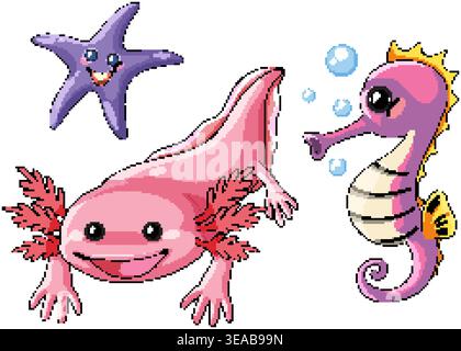 Vector illustration of smiling pink axolotl purple starfish and seahorse on white background Stock Vector
