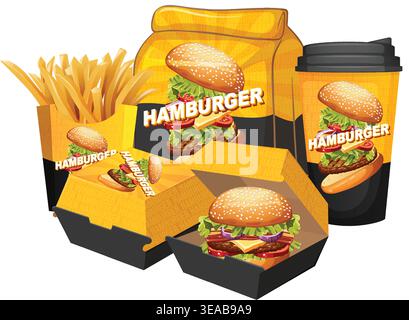 Vector illustration of branded fast food packaging including burger boxes, fries, and a drink cup Stock Vector