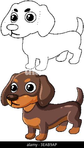 A brown dachshund puppy illustration presented in both colored and black and white outline styles Stock Vector