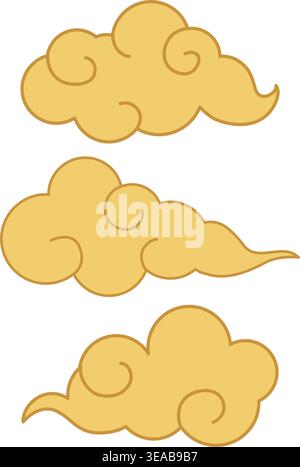 Three stylized golden yellow clouds with traditional swirling patterns isolated on a white background Stock Vector