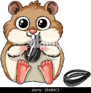 A flat vector illustration of a chubby hamster holding and eating a sunflower seed Stock Vector