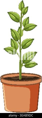 Vector illustration of leafy plant in brown clay pot, flat style, isolated on white background Stock Vector