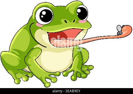 A cheerful green frog catches a fly using its long tongue in vector cartoon style Stock Vector