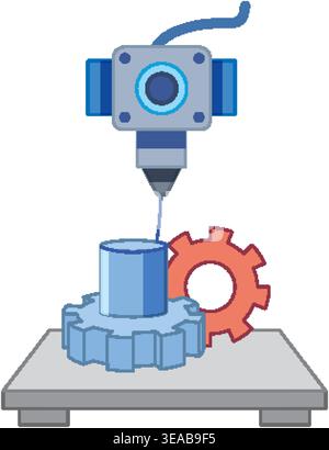 Flat vector illustration of a laser machine precision cutting industrial gears on a metal workbench Stock Vector