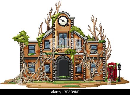 Cartoon brick schoolhouse with clock tower, overgrown trees, creeping vines, isolated on white background Stock Vector