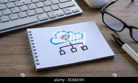 A hand-drawn sketch of a cloud with a Wi-Fi symbol connected to multiple data nodes on a spiral notebook. Stock Photo