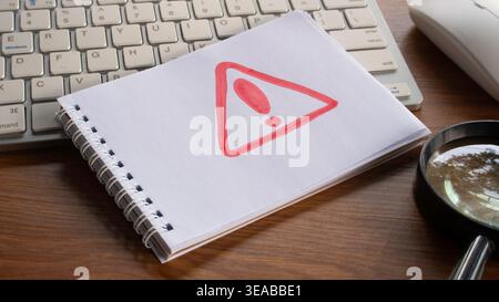 An exclamation mark inside a triangle warning sign drawn on a notebook on a wooden office desk. Stock Photo