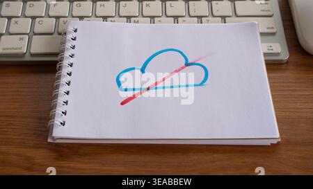A blue cloud icon with a red strike-through line on a white notebook, symbolizing offline status or disconnected cloud services. Stock Photo
