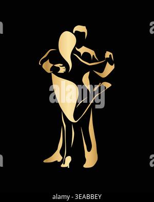 Stylized tango dancing couple in elegant gold gradient isolated on black background. Graceful silhouette with expressive pose and dramatic movement. L Stock Vector