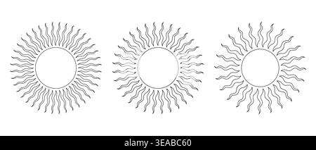 Set Collection Minimalist sun symbol created with clean geometric lines and radial rays. Modern abstract design suitable for branding logos posters pa Stock Vector