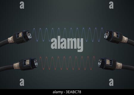 Close up of disconnected cable connectors transmitting abstract wireless signal waves, illustrating data transfer, communication technology, and conne Stock Photo