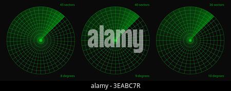 Earthquake scan screen, ship focus radar. Satellite military sonar with naval alert. Sound wave dashboard, sea compass plane effect. Target search in Stock Vector