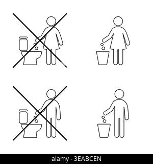 Vector set of waste disposal icons with correct and incorrect behavior. Includes no trash in toilet symbol and person throwing waste into bin. Perfect Stock Vector