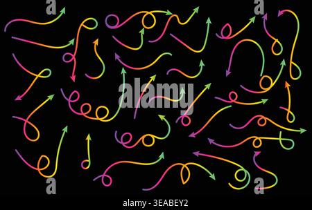 Set of hand-drawn, colorful, neon gradient arrows on a black background, decorative, wavy, and loopy pointer collection Stock Vector