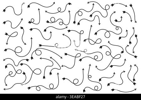 Set of hand-drawn black doodle arrows with fletching, decorative curved and loopy pointer collection on a white background Stock Vector