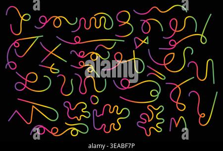 Set of neon gradient hand-drawn abstract lines and squiggles, colorful doodle shapes and curvy strokes on black background Stock Vector