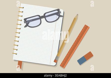 Academic Workspace Flat Lay with Wooden Ruler Pencil and Glasses on Open Spiral Notebook Professional Stationery Set for Engineering and Design Stock Vector