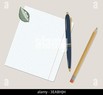 Minimalist School Paper Sheet Vector Flat Lay with Pen, Pencil and Sage Green Leaf. Academic Stationery Backdrop for Study Planning and Eco Design Stock Vector