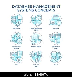 Database management systems soft blue concept icons Stock Vector