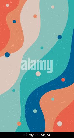 Abstract retro background with organic flowing waves in teal coral and navy blue colors featuring geometric circles and grainy stardust texture for mo Stock Vector