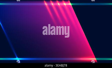 abstract vibrant geometric purple parallelogram illuminated pink light streaks and blue neon glow lines on dark blue background for tech modern visual Stock Vector