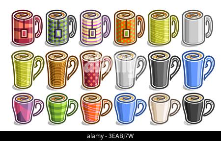 Vector Mugs Set, big collection of cut out clipart colorful tea mugs, many objects of fresh hot drinks in ceramic cups and porcelain mugs on white bac Stock Vector