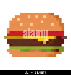Pixel Art Burger Illustration Featuring Layers of Bun, Cheese, Lettuce and Tomato Elements Stock Vector