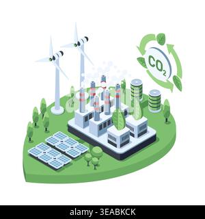 Isometric Carbon Neutral Industry with Sustainable Factory and Renewable Energy. Carbon Neutral and Sustainability Strategy Concept Stock Vector