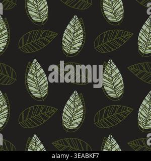 Dark botanical seamless pattern with skeleton leaf veins on black background for premium packaging, textile design, and moody interior decor. Vector i Stock Vector