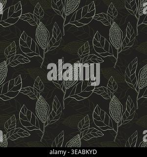 dark botanical seamless pattern with cocoa beans and cacao leaves on black background for chocolate packaging, gourmet food branding, and cafe interio Stock Vector
