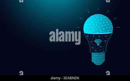 Low poly wireframe smart lightbulb on dark blue background. Stock Vector