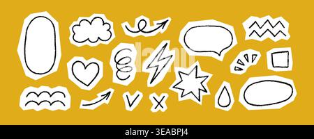 Crayon doodle scrapbook elements. Hand drawn cutout collage stickers. Collage oval, wave and arrow. Paper scrapbook vintage shape with crayon texture Stock Vector