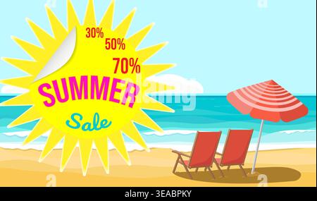 Banner with two sun loungers on the beach with an exciting summer sale with discounts Stock Vector