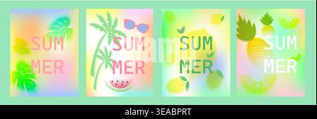 Vibrant Summer-Themed Artwork Featuring Tropical Fruits, Palm Trees, and Colorful Text Designs Stock Vector