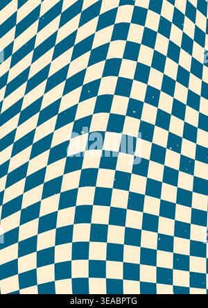 Groovy blue swirl checkerboard poster with grunge texture. Stock Vector