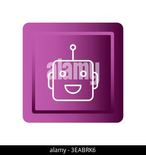 Vector robot head outline. Purple square button. Chatbot AI symbol. User interface element. Stock Vector