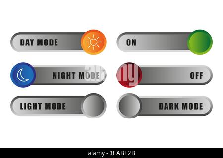 Vector toggle switches collection. Day night mode buttons. Light dark ON OFF elements. Stock Vector