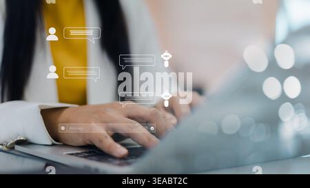 Ai chatbot for customer service and support,Automated messaging system for business communication,Artificial intelligence chat bot on laptop screen,Di Stock Photo
