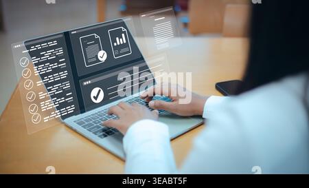 Digital document management system on laptop,Paperless office technology for business efficiency,Data analysis report with virtual interface,Automated Stock Photo