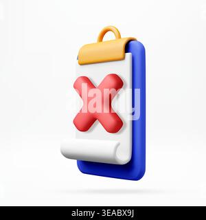 3D Clipboard with red cross icon. Stock Vector