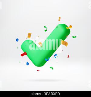Green 3D check mark with falling colorful confetti Stock Vector
