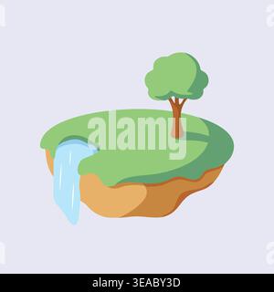 A fantasy floating land piece with grass a tree and a waterfall hangs above open space. Stock Vector