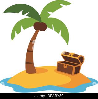 A sandy tropical island features a leaning palm tree and an open treasure chest beside the shore. Stock Vector