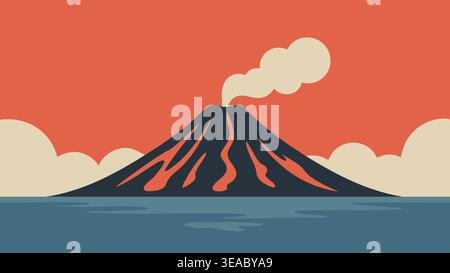 A volcano island rises from the sea with smoke clouds above and glowing lava lines down its slopes. Stock Vector