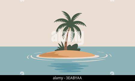 A very small sand island with a single palm tree sits in still water with soft ripples. Stock Vector