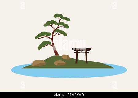 A small isolated island surrounded by water featuring a curved tree rocks and a simple torii gate. Stock Vector