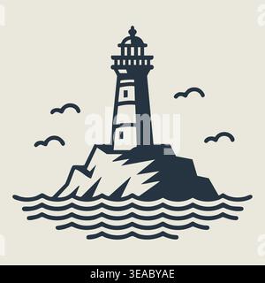 A tall lighthouse stands on a rugged rock island above wavy sea lines with birds flying nearby. Stock Vector