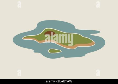 A simplified top view of a small green island with a central mound and blue water around it. Stock Vector