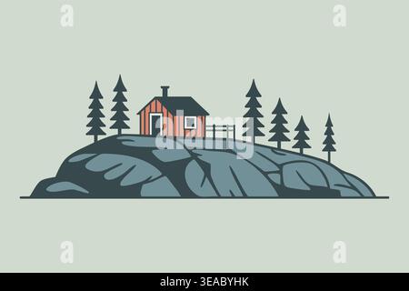 A small wooden cabin sits on a rocky island surrounded by tall pine trees in a quiet natural setting. Stock Vector